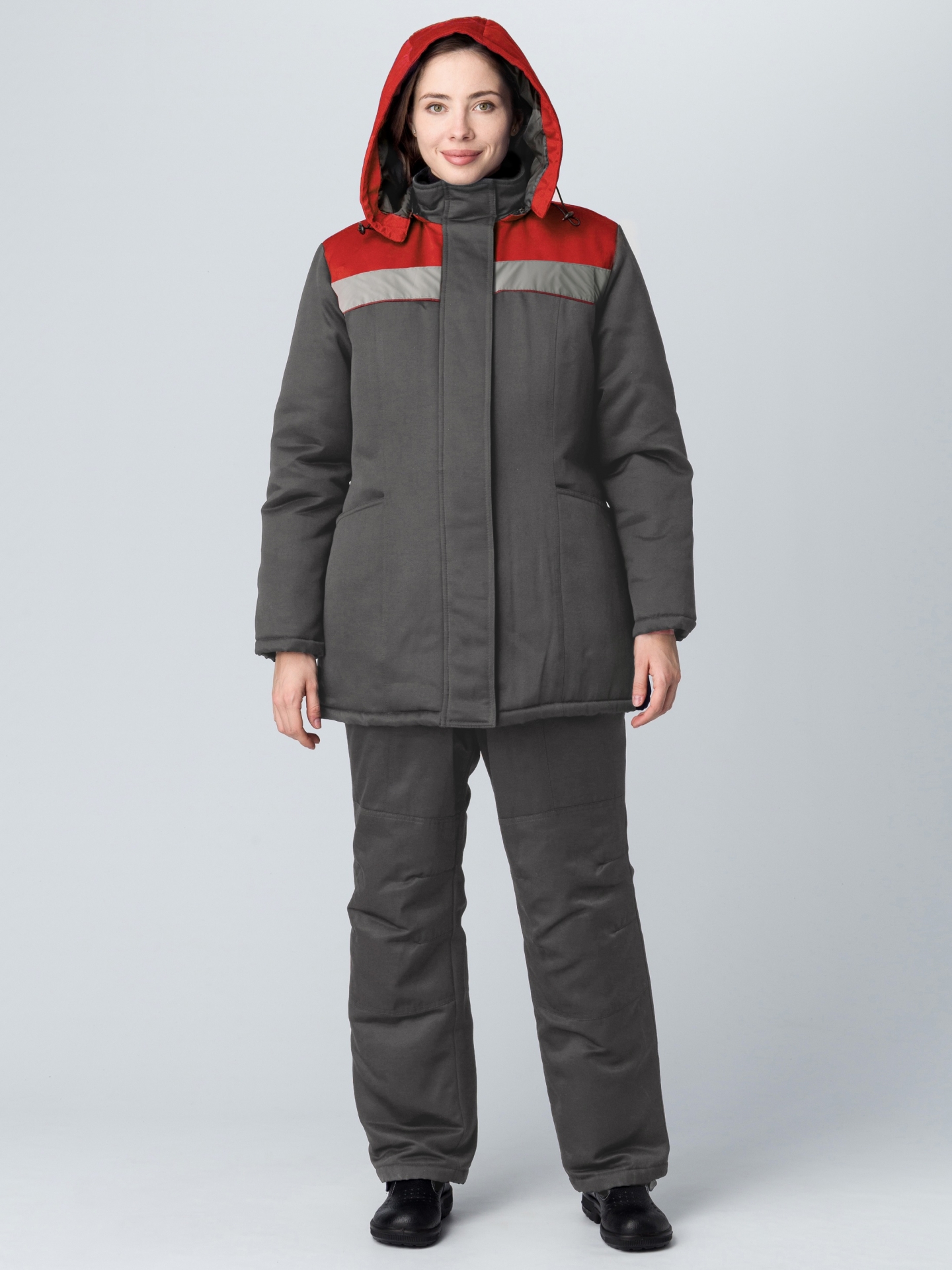 Куртка зимняя женская Вьюга СОП (тк.Смесовая,210), т.серый/красный