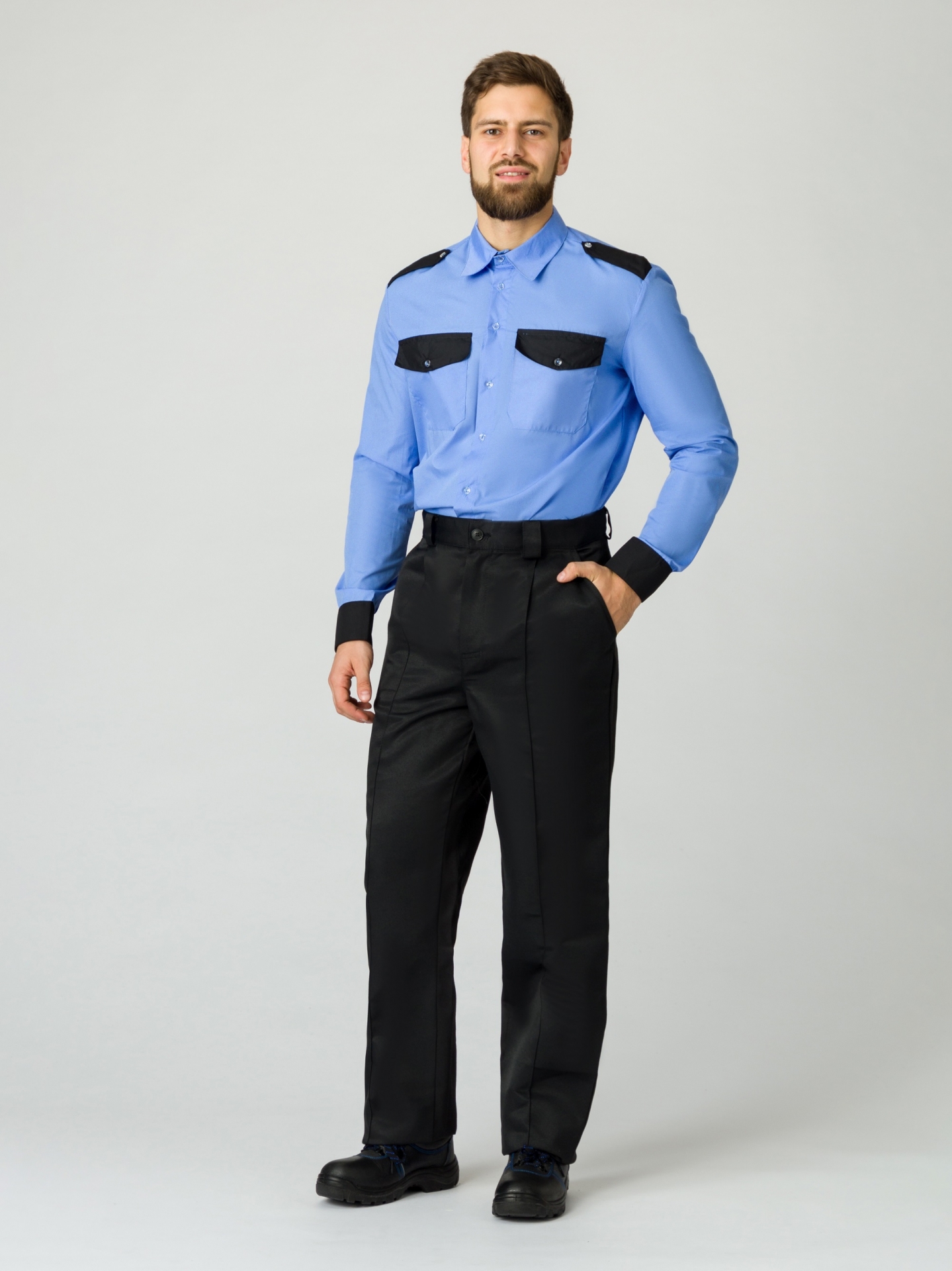 Рубашка охранника с длинным рукавом мужская, ярко-голубой